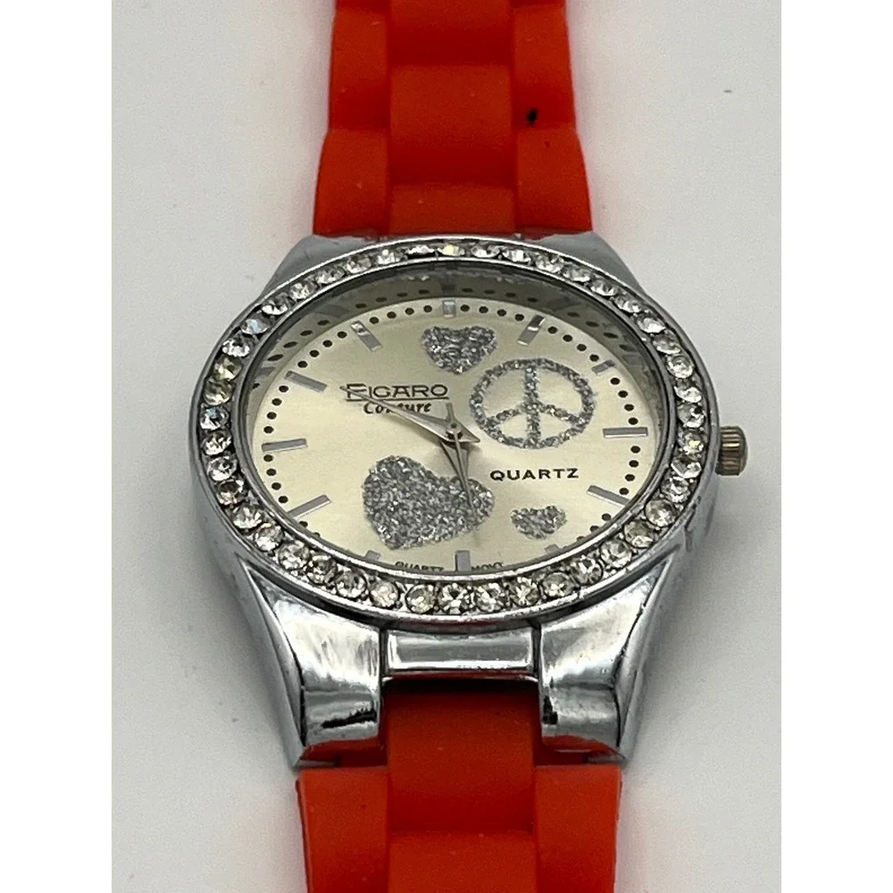 Figaro Couture Red Silicone Rhinestone Peace Heart Quartz Fashion Watch